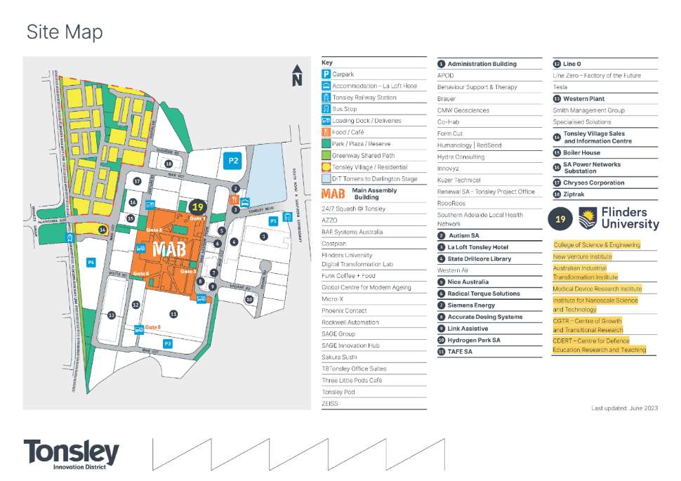 Map of the Tonsley Innovation District with Flinders University clearly marked.